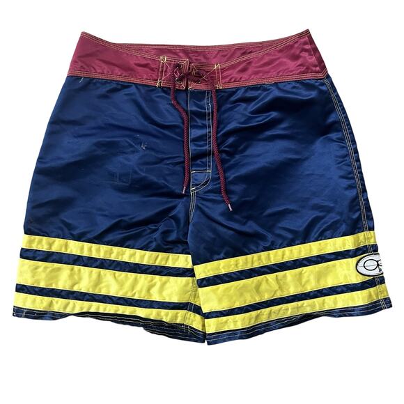 Vtg Ocean Pacific OP Sewn Navy Maroon & Yellow Stripe Board Shorts Mens Size 32 - Picture 1 of 8